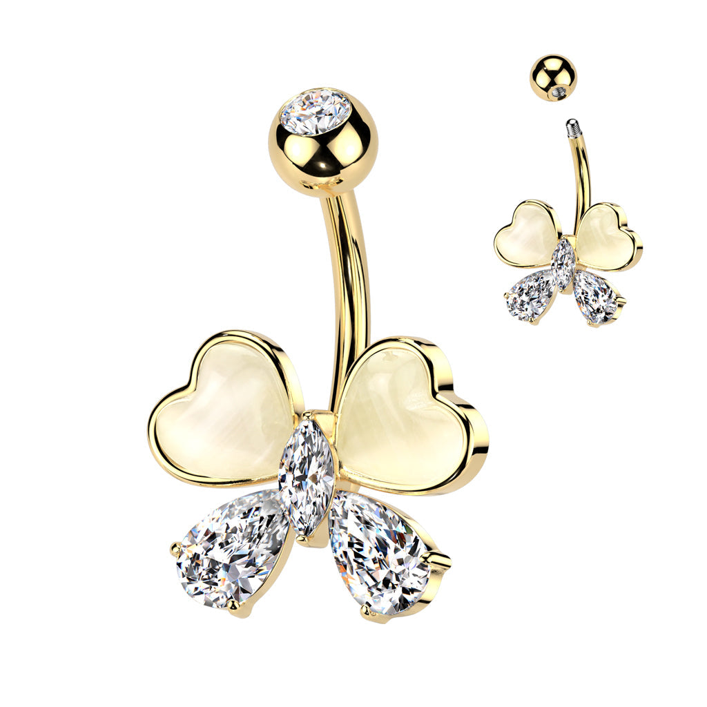316L Surgical Steel Gold PVD White CZ & Stone Bow Non Dangle Belly Ring