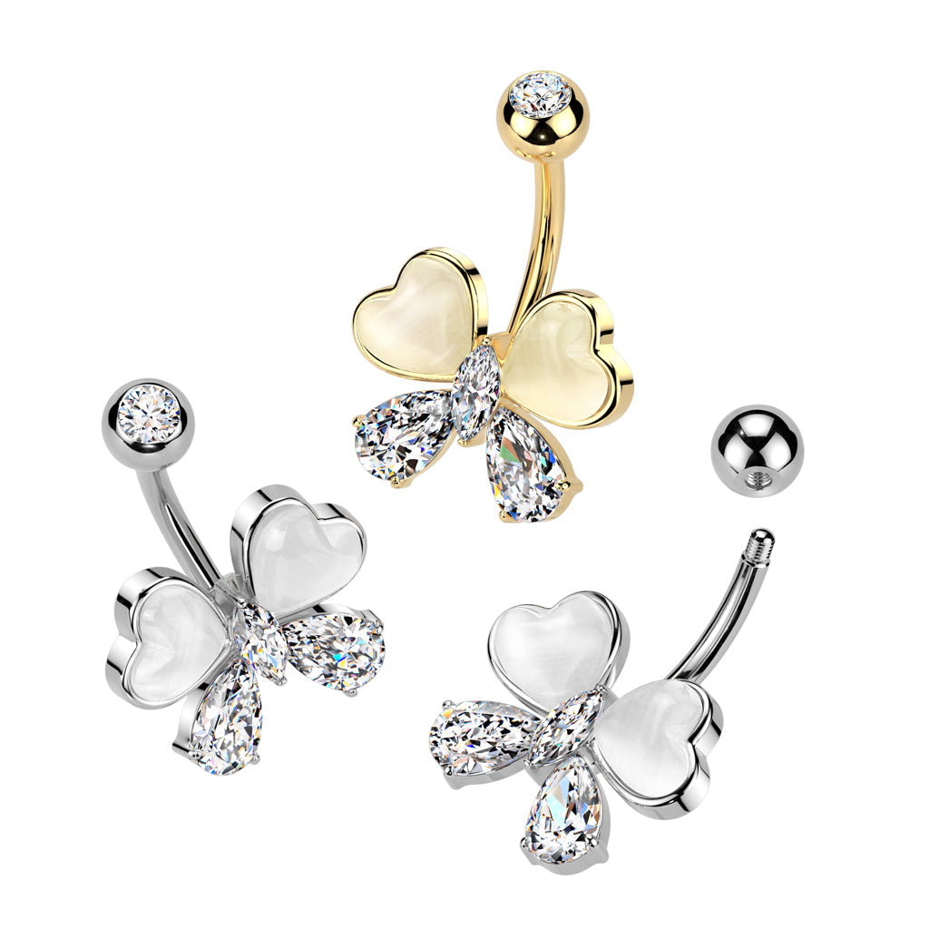 316L Surgical Steel White CZ & Stone Bow Non Dangle Belly Ring