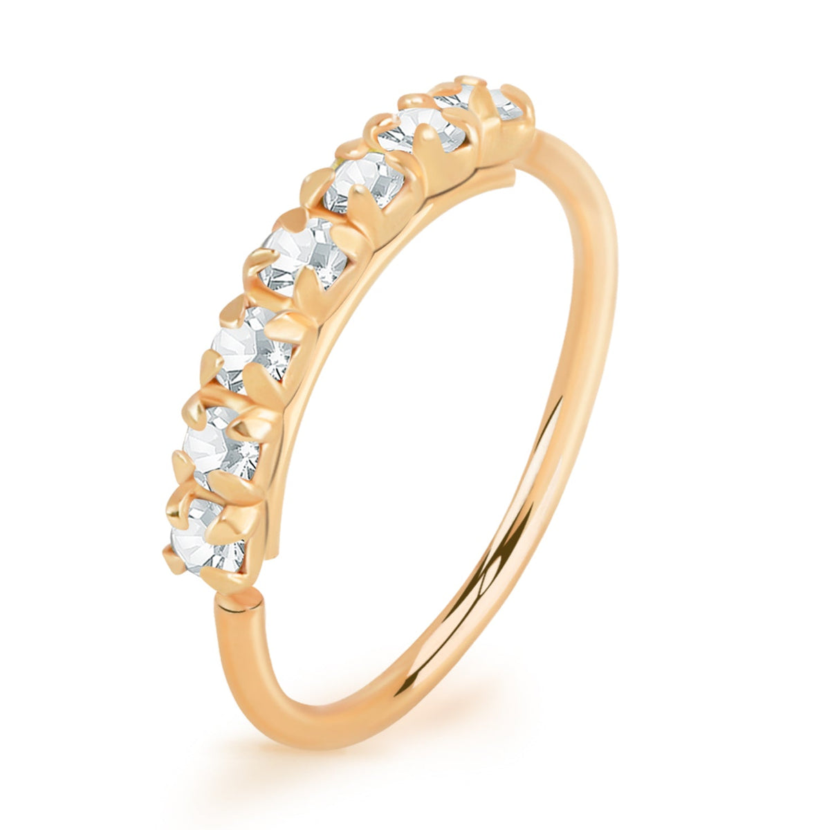 925 Sterling Silver Rose Gold PVD Dainty White CZ Gem Pave Bend Open Nose Hoop