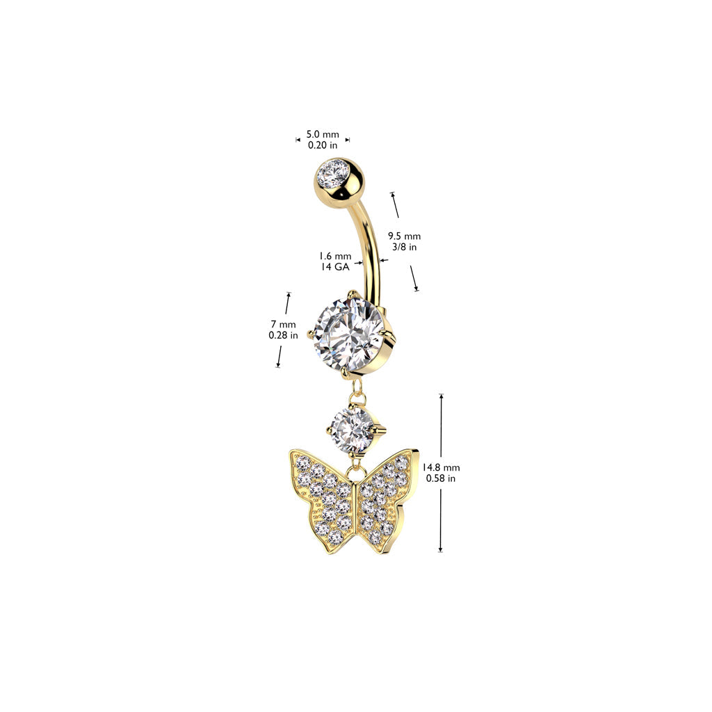 316L Surgical Steel White CZ Gem Butterfly Dangle Belly Ring