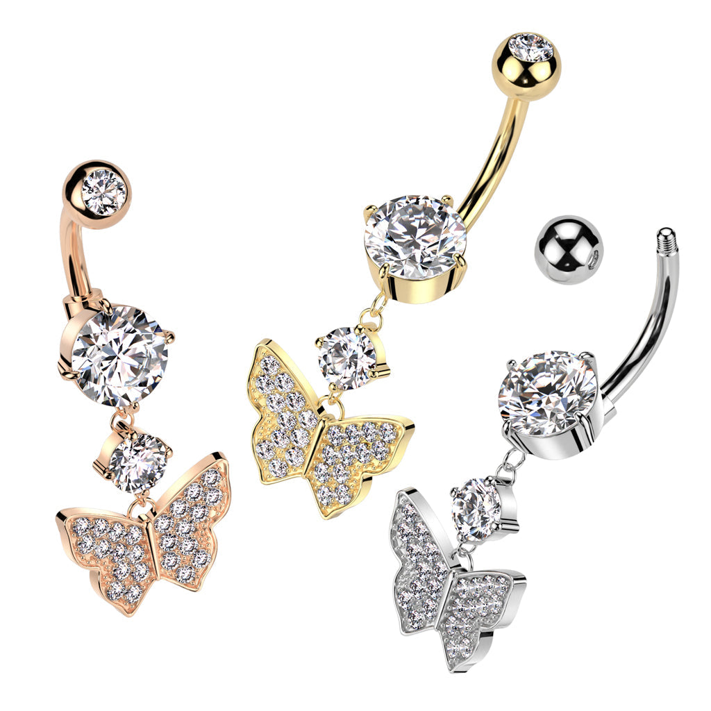 316L Surgical Steel White CZ Gem Butterfly Dangle Belly Ring