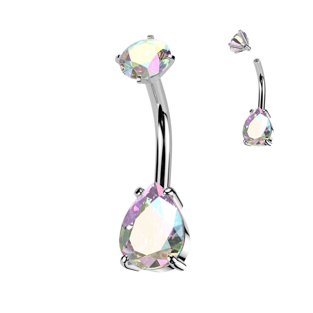 316L Surgical Steel Aurora Borealis CZ Teardrop Internally Threaded Belly Ring