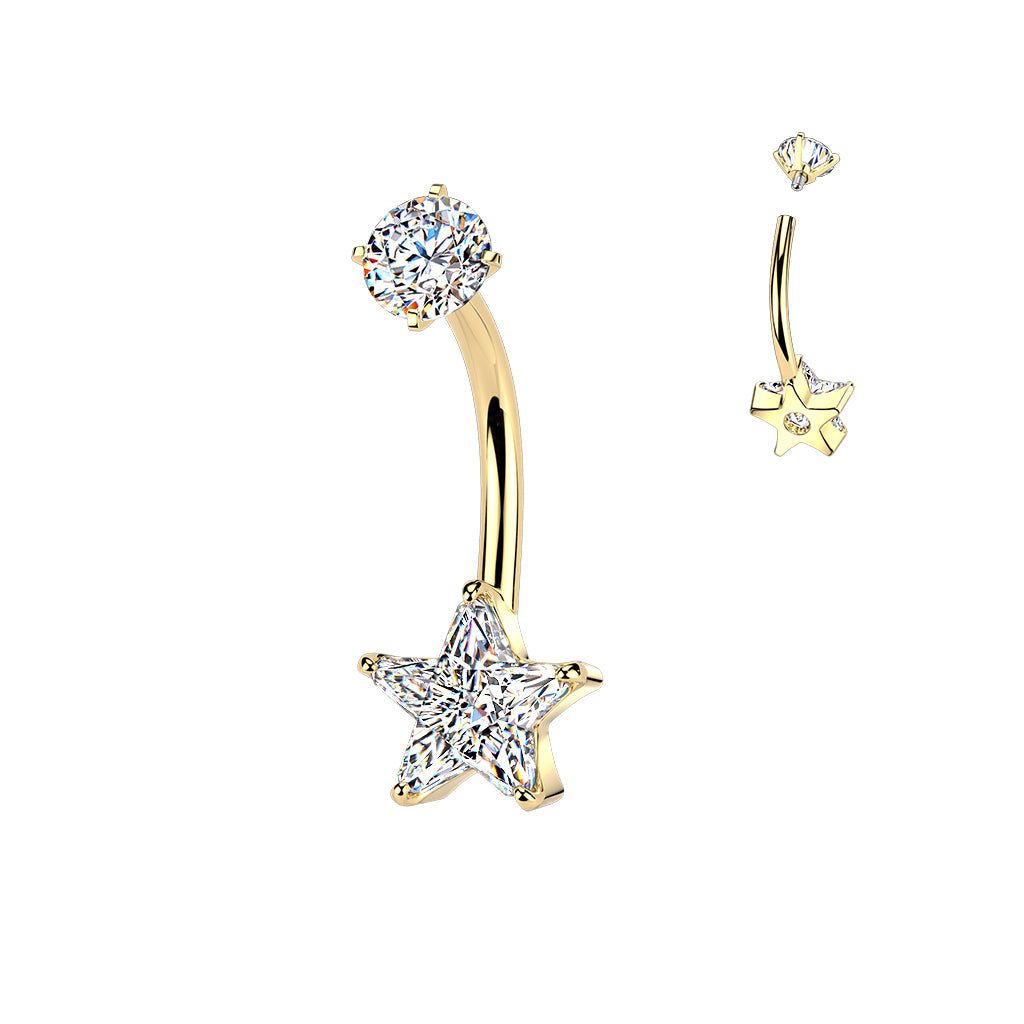 316L Surgical Steel Gold PVD White CZ Star Internally Threaded Belly Ring