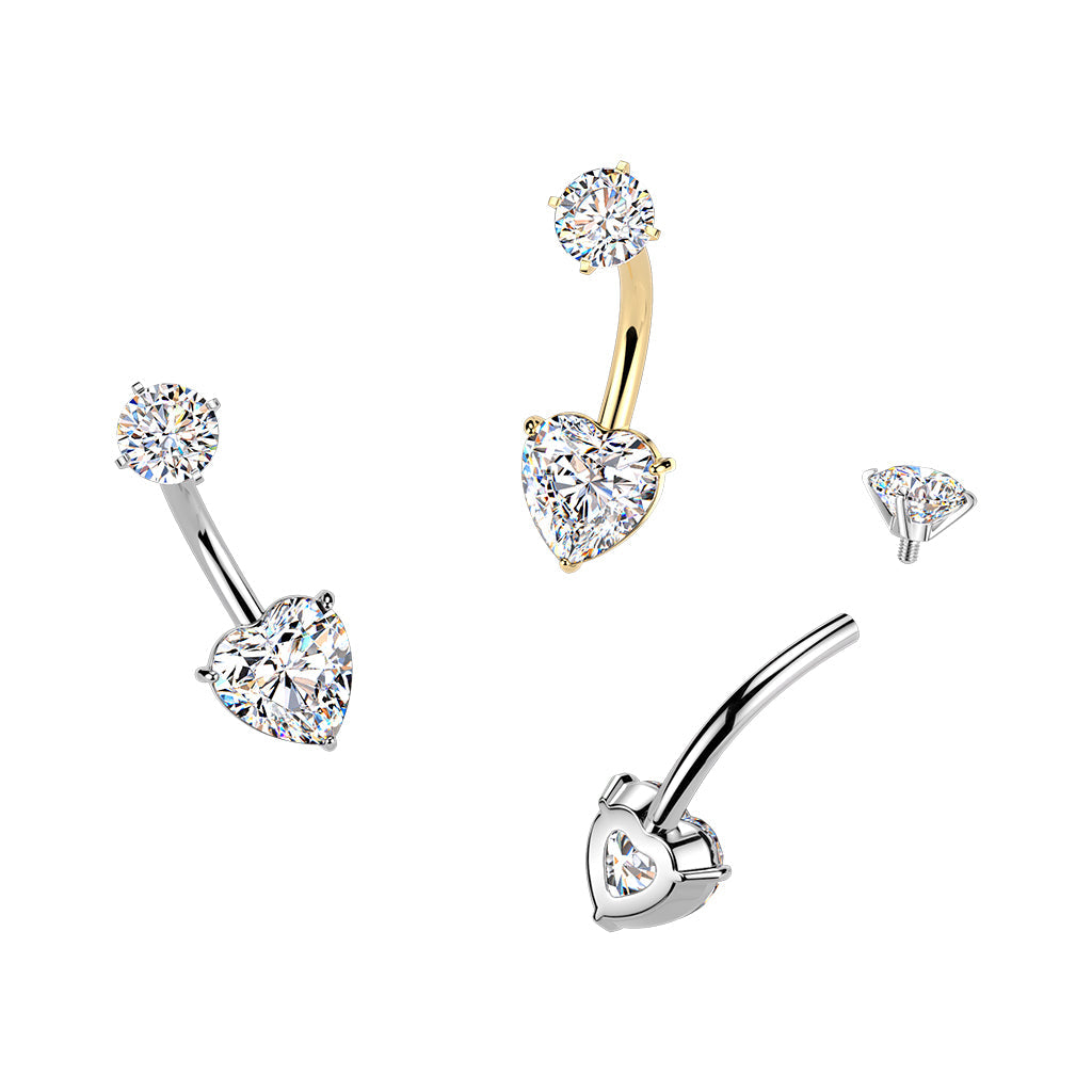 316L Surgical Steel Gold PVD Heart Shaped Dainty White CZ Internally Threaded Belly Ring