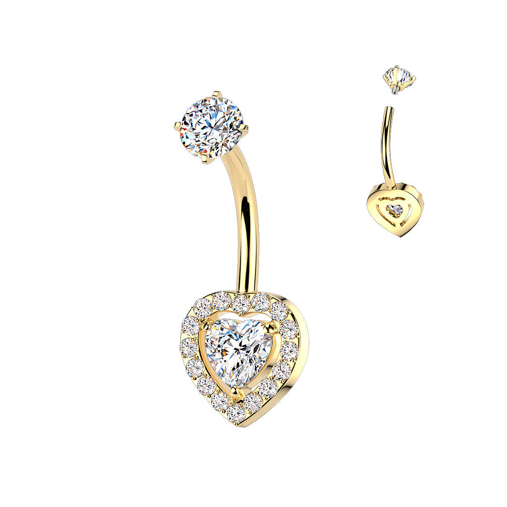 316L Surgical Steel Gold PVD Heart Shape Gem White CZ Internally Threaded Belly Ring
