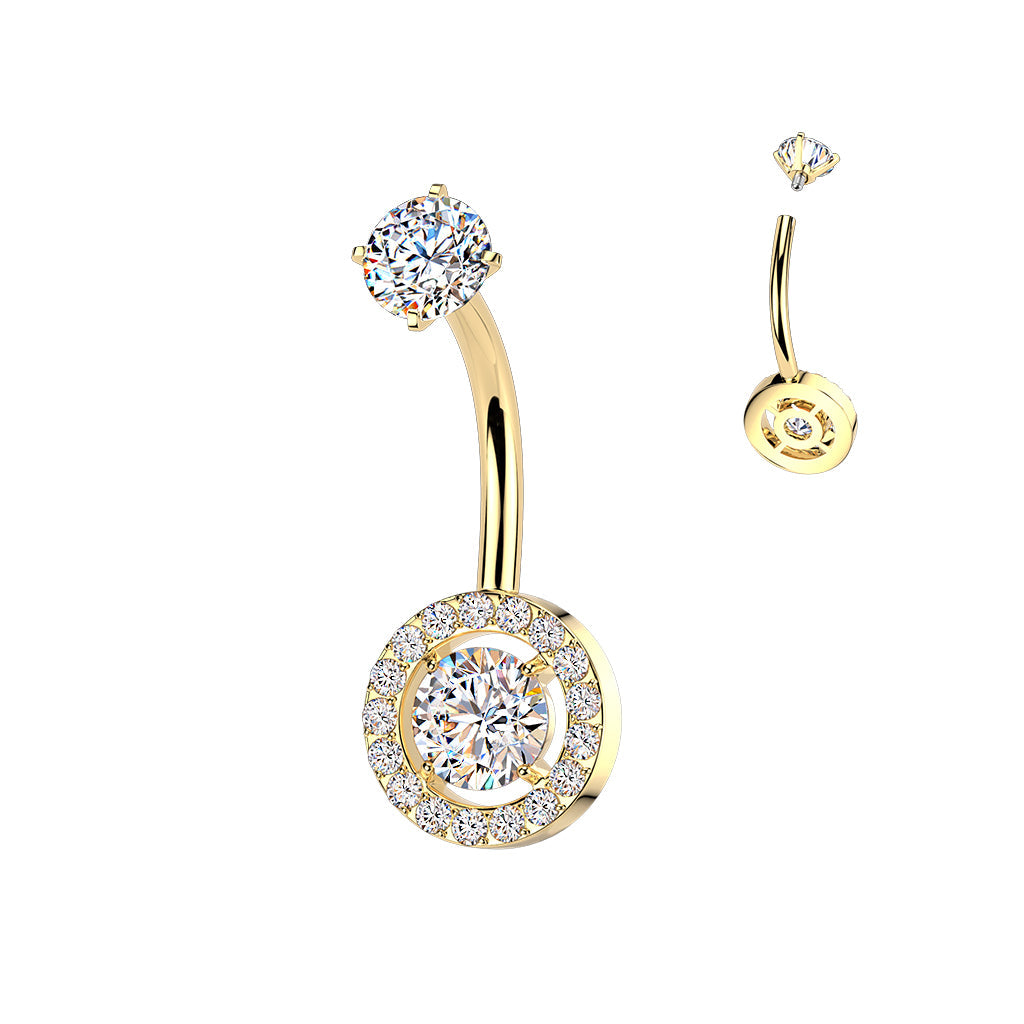 316L Surgical Steel Gold PVD White CZ Circle Pave Gem Internally Threaded Belly Ring