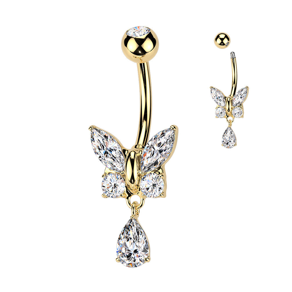 316L Surgical Steel Gold PVD White CZ Butterfly Tear Drop Dangle Belly Ring