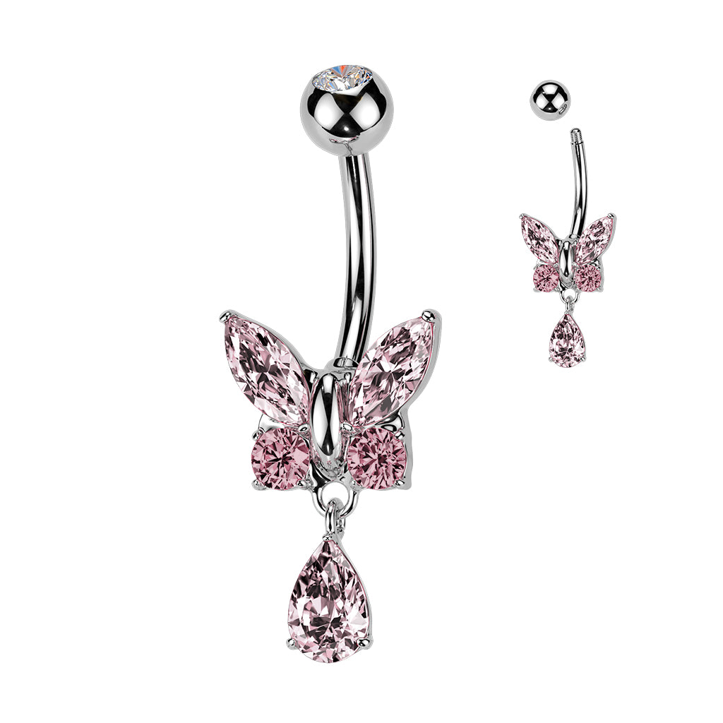 316L Surgical Steel CZ Butterfly Tear Drop Dangle Belly Ring