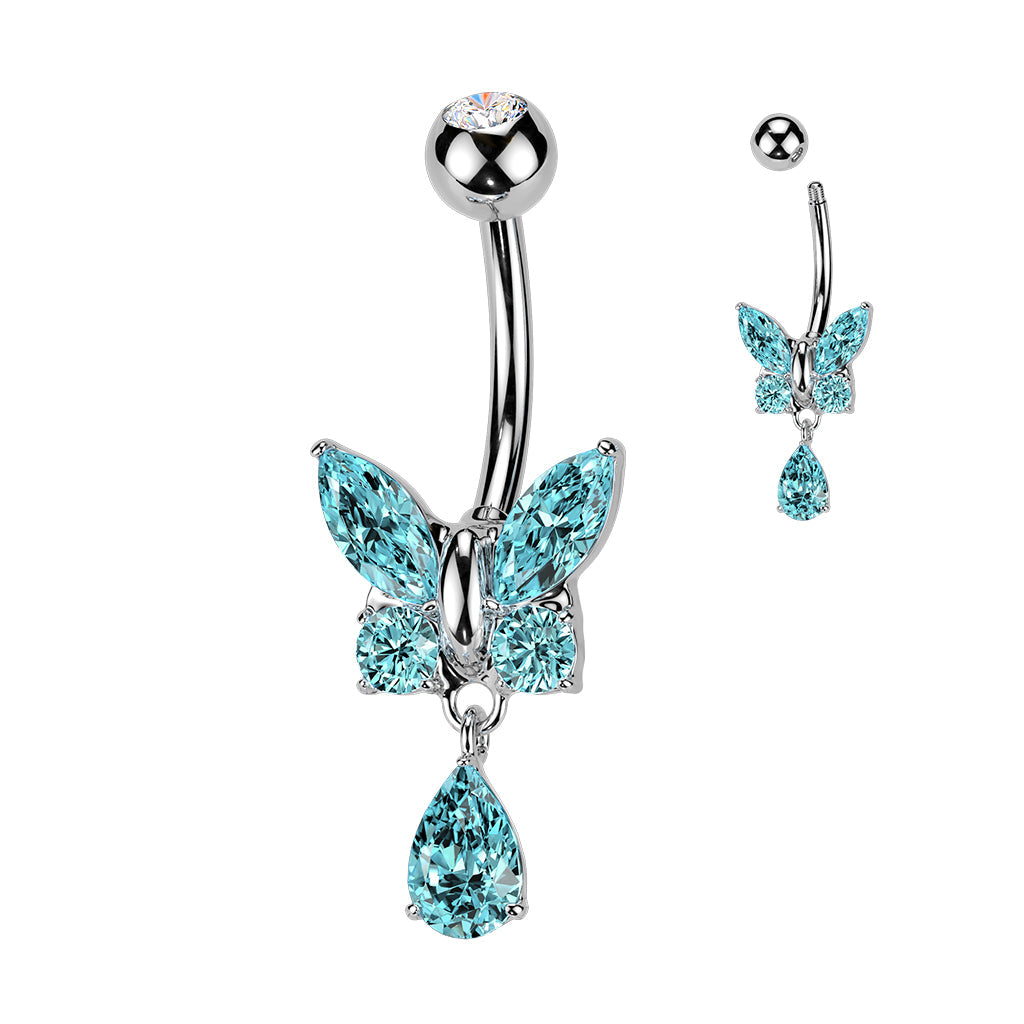 316L Surgical Steel Aqua CZ Butterfly Tear Drop Dangle Belly Ring