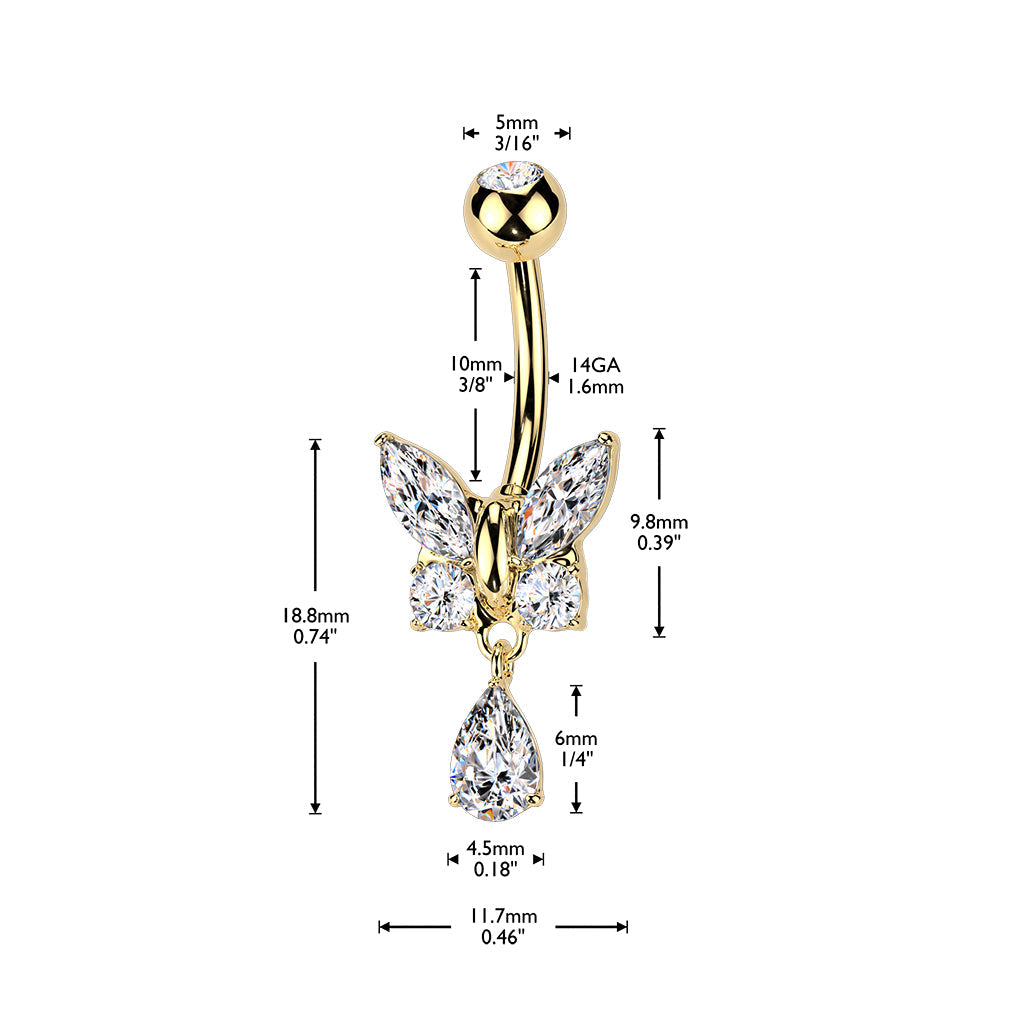 316L Surgical Steel Aqua CZ Butterfly Tear Drop Dangle Belly Ring