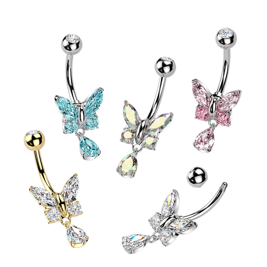316L Surgical Steel Gold PVD White CZ Butterfly Tear Drop Dangle Belly Ring