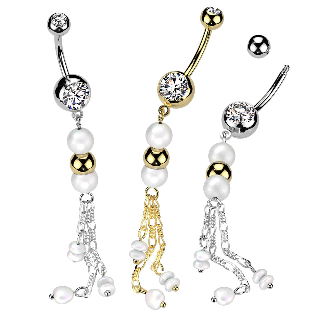 316L Surgical Steel Gold PVD White Pearl Gold Bead Dangly Belly Ring