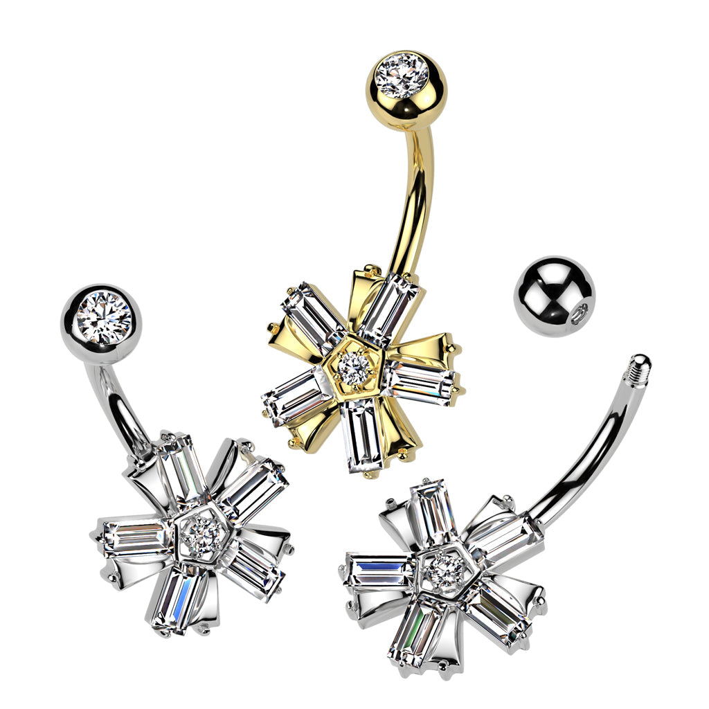 316L Surgical Steel White CZ Baguette 5 Petal Flower Belly Ring