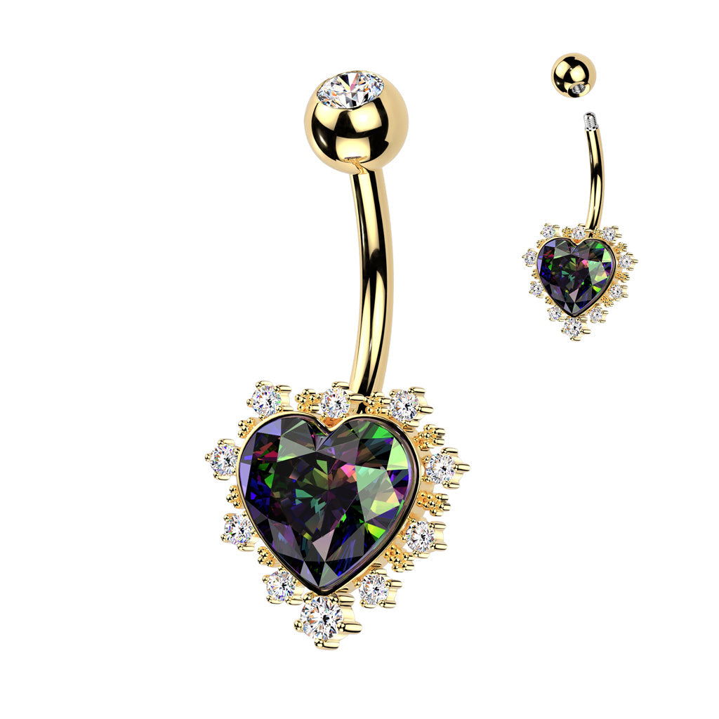316L Surgical Steel Gold PVD White CZ & Vitrail Medium Heart Non Dangle Belly Ring