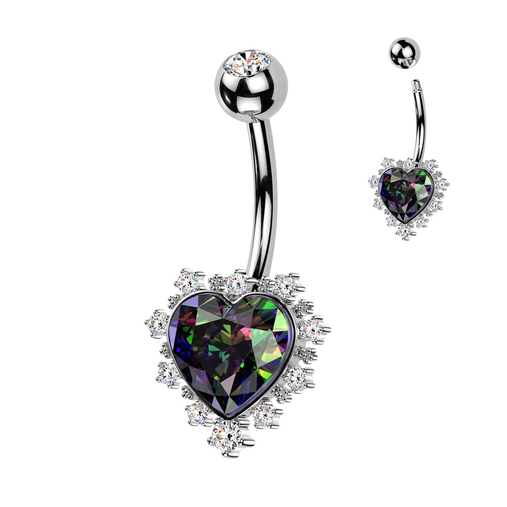 316L Surgical Steel White CZ & Vitrail Medium Heart Non Dangle Belly Ring