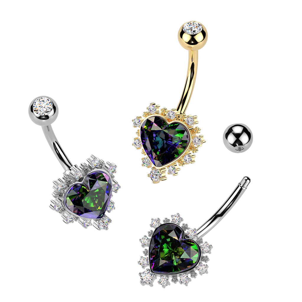 316L Surgical Steel Gold PVD White CZ & Vitrail Medium Heart Non Dangle Belly Ring