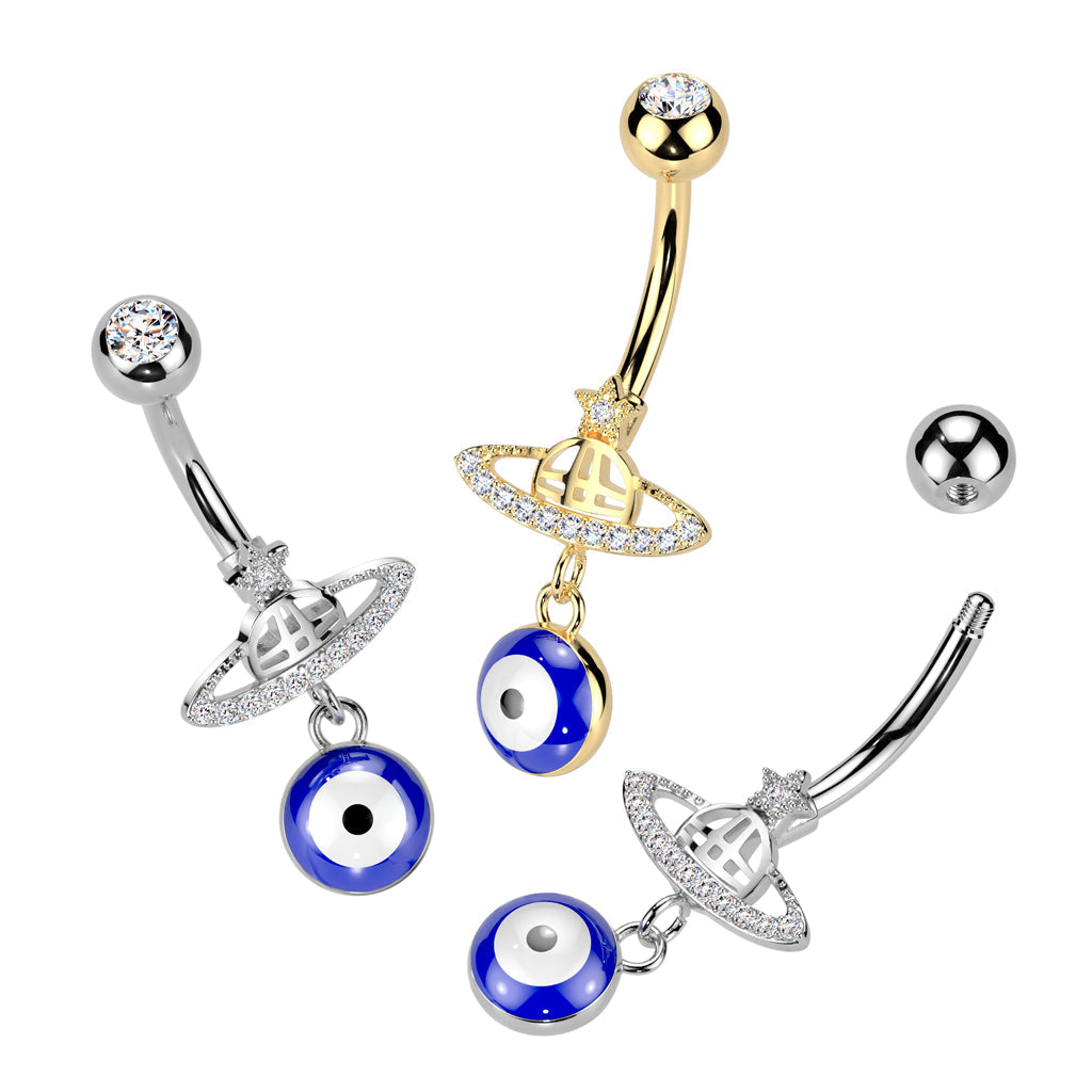 316L Surgical Steel Gold PVD Saturn Star Celestial Evil Eye Dangle Belly Ring
