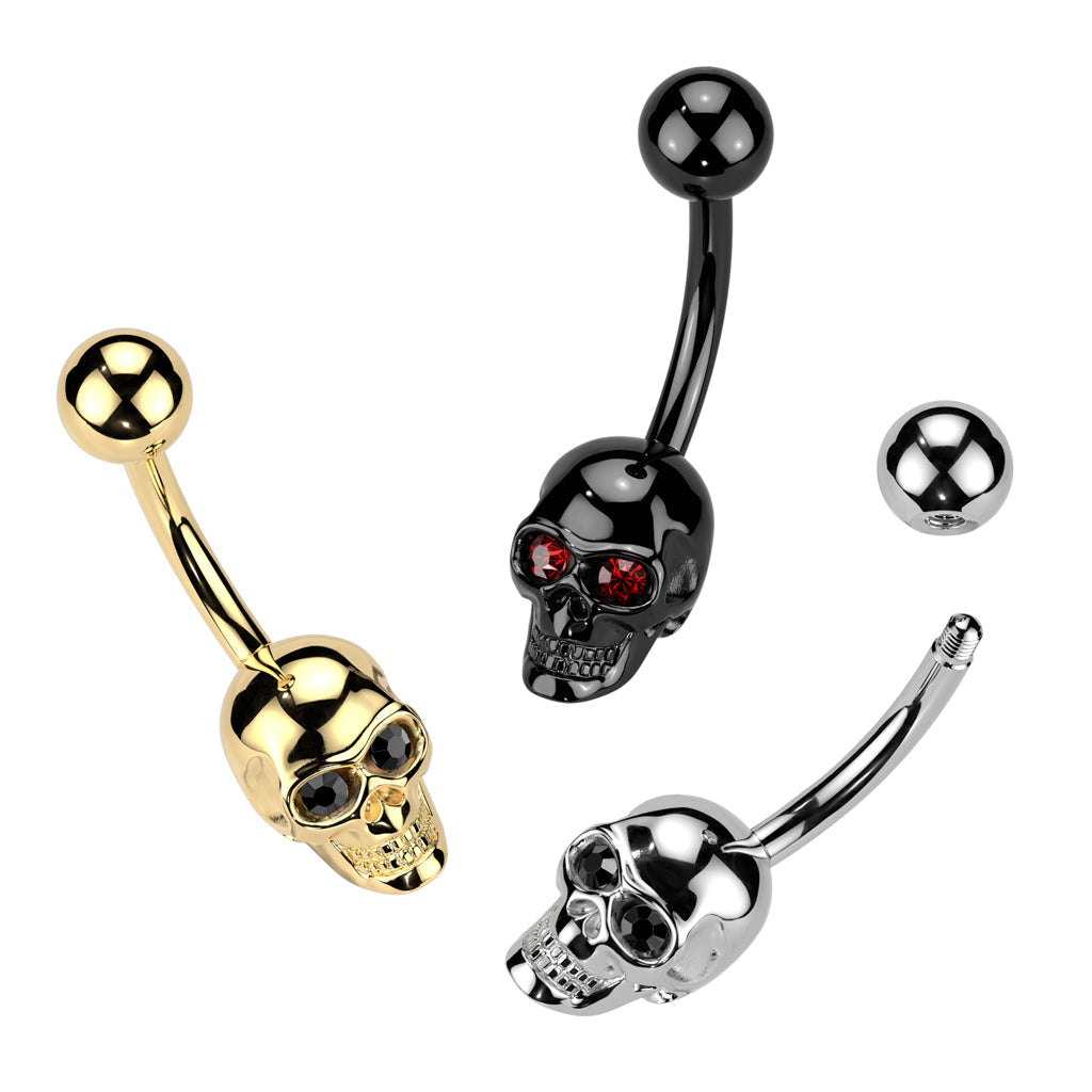 316L Surgical Steel Gold PVD Black CZ Eyes Skull Non Dangle Belly Ring