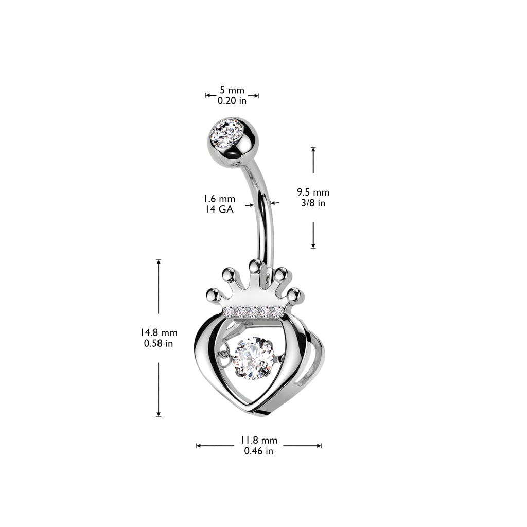 316L Surgical Steel Gold PVD White CZ Claddagh Crown Heart Shaped Belly Ring