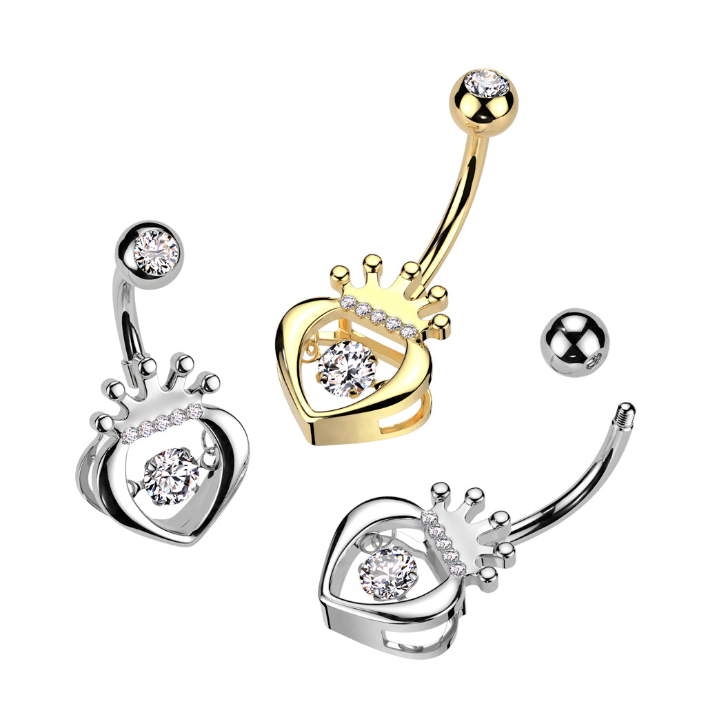 316L Surgical Steel Gold PVD White CZ Claddagh Crown Heart Shaped Belly Ring