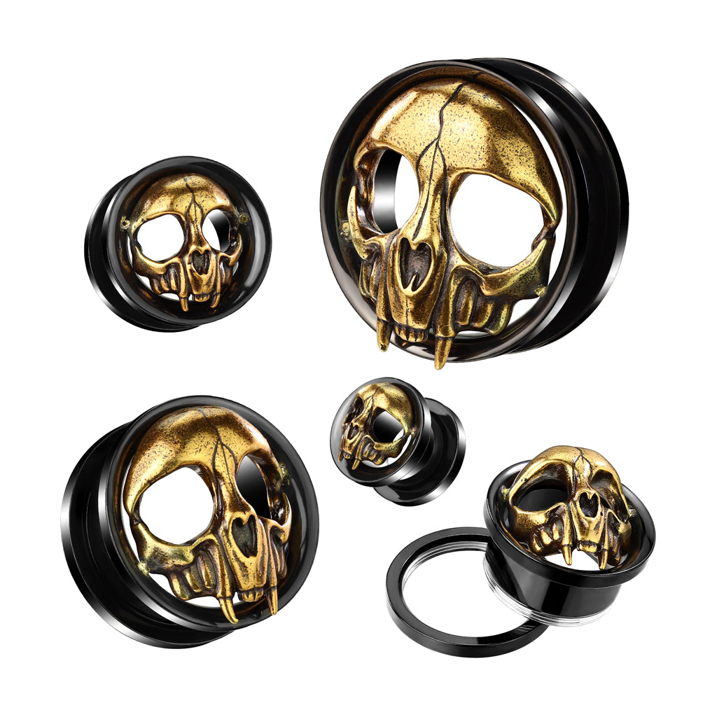 316L Surgical Steel Black PVD Tiger Skull Screw On Ear Tunnels