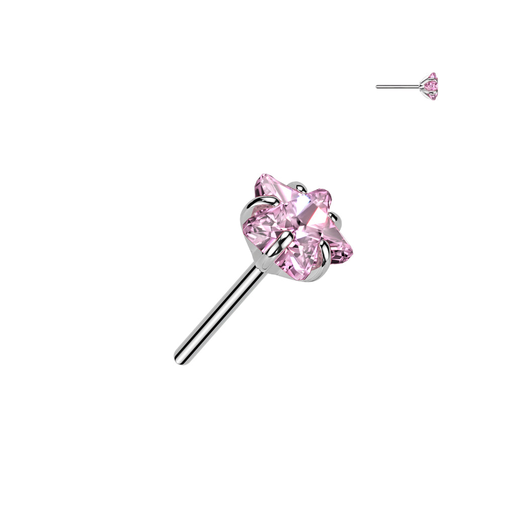 Implant Grade Titanium Threadless Pink CZ Star Shaped Gem Push In Labret With Flat Back