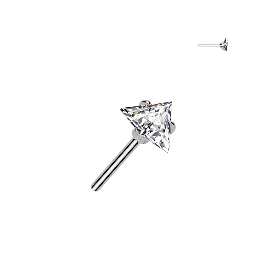 Implant Grade Titanium Threadless White CZ Triangle Shaped Gem Push In Labret With Flat Back