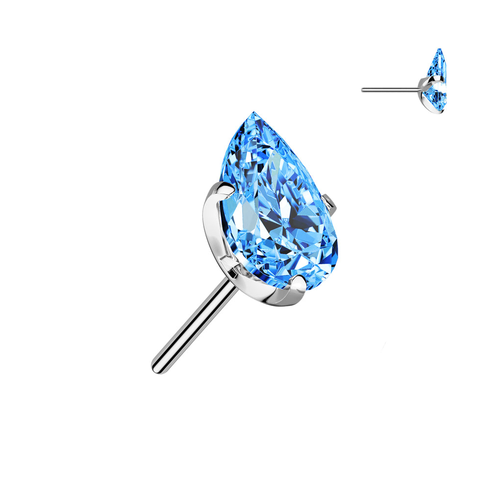 Implant Grade Titanium Aqua CZ Teardrop Gem Threadless Labret With Flat Back