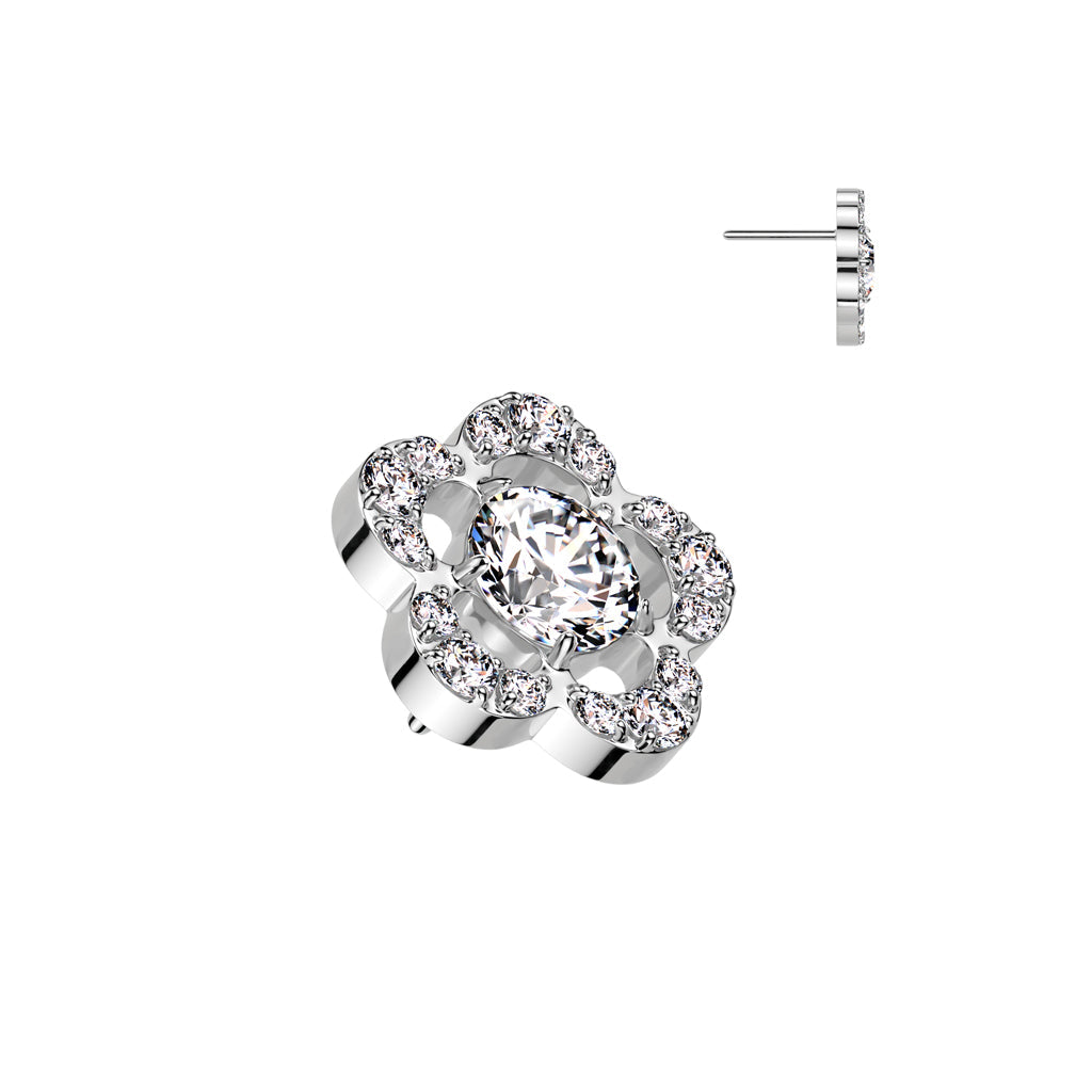 Implant Grade Titanium Threadless Large White CZ Petal Flower In Labret With Flat Back