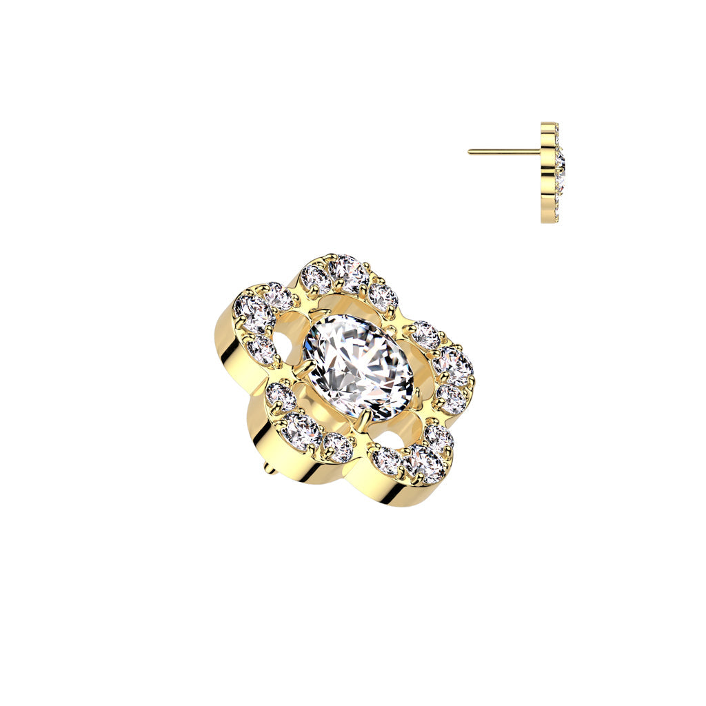 Implant Grade Titanium Threadless Gold PVD Large White CZ Petal Flower In Labret With Flat Back