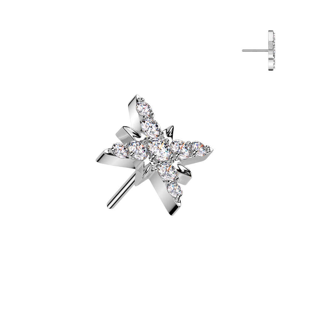 Implant Grade Titanium White CZ Large Starburst Push In Threadless Labret With Flat Back