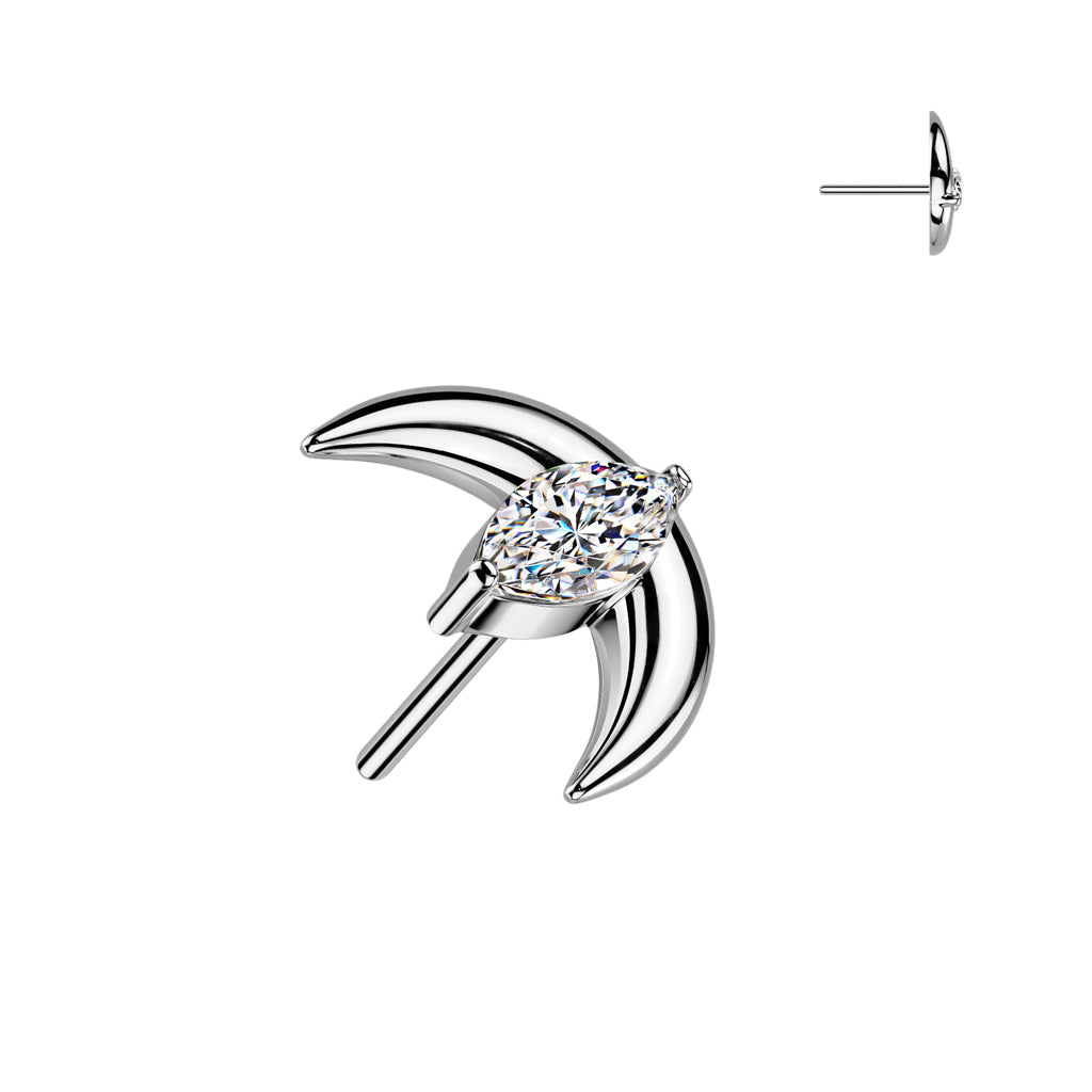 Implant Grade Titanium White CZ Marquise With Crescent Moon Threadless Labret With Flat Back