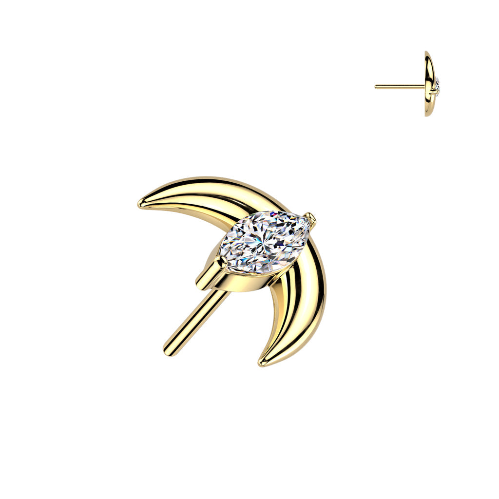 Implant Grade Titanium Gold PVD White CZ Marquise With Crescent Moon Threadless Labret With Flat Back