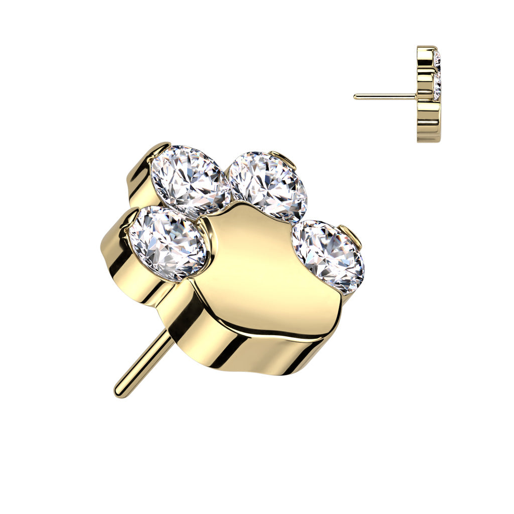 Implant Grade Titanium Gold PVD Paw Print White CZ Threadless Push In Labret