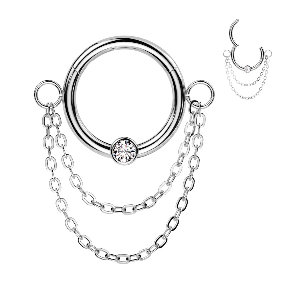 316L Surgical Steel White CZ Double Chain Hinged Clicker Hoop