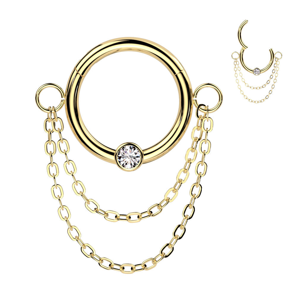 316L Surgical Steel Gold PVD White CZ Double Chain Hinged Clicker Hoop