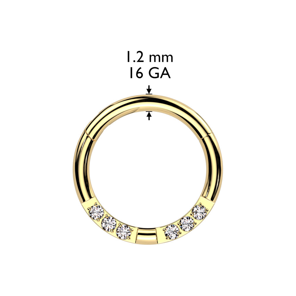 316L Surgical Steel Gold PVD White CZ 6 Gem Pave Hinged Clicker Hoop