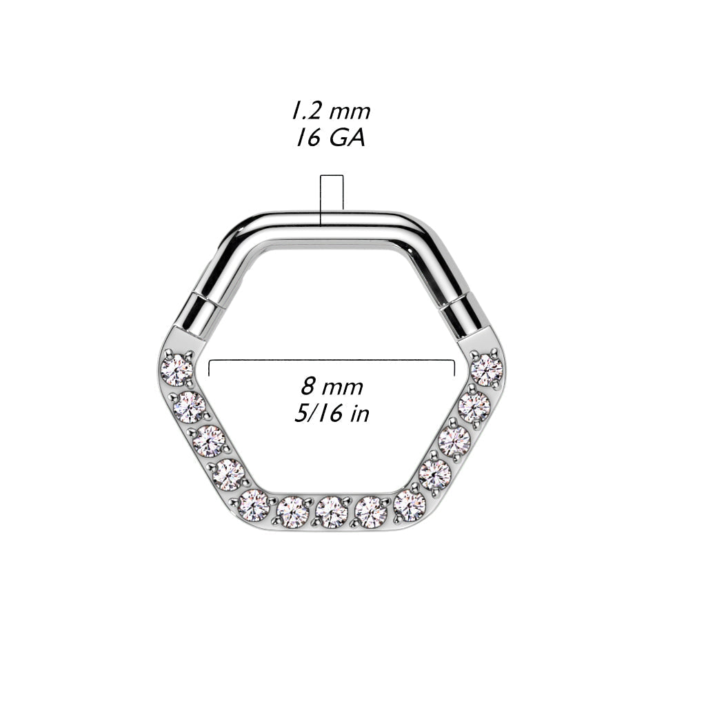 316L Surgical Steel Gold PVD White CZ Pave Hexagon Helix Hinged Clicker Hoop