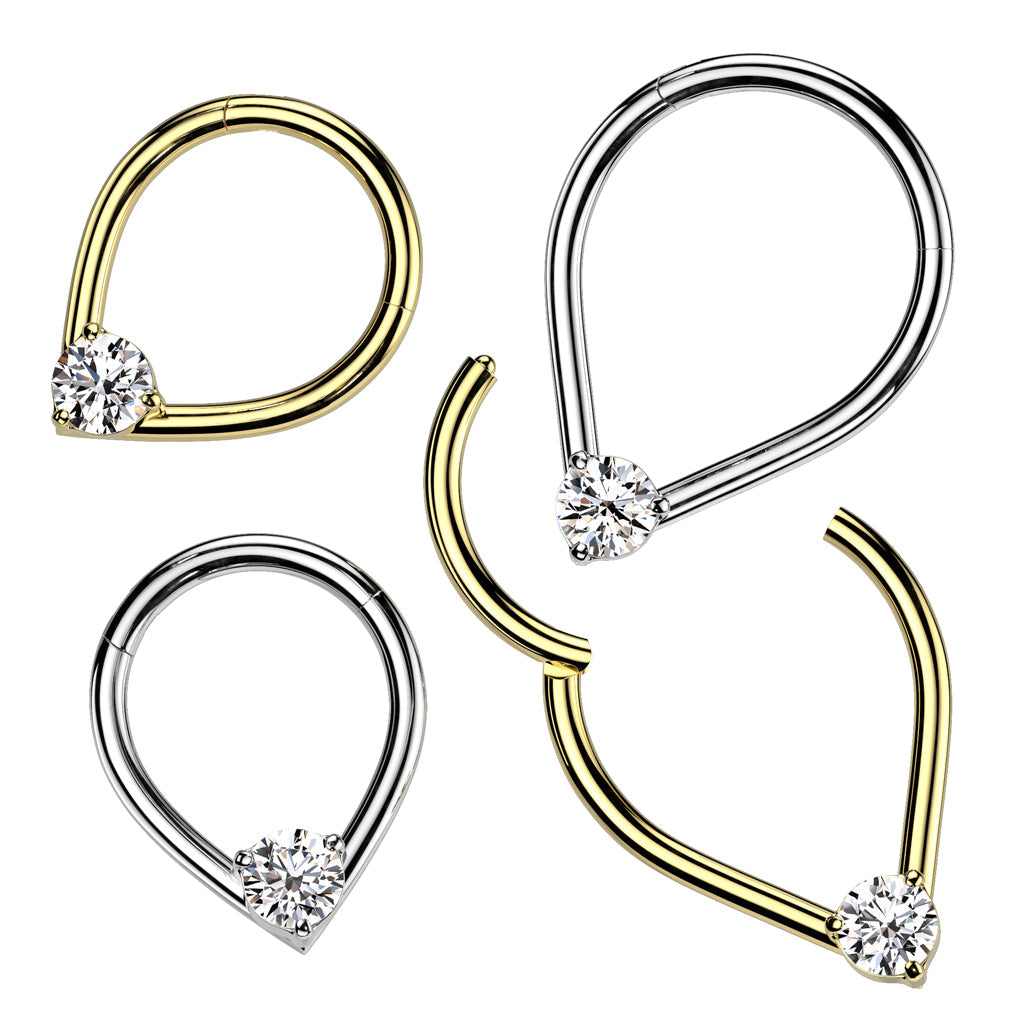 316L Surgical Steel V Shaped White CZ Gem Hinged Clicker Hoop