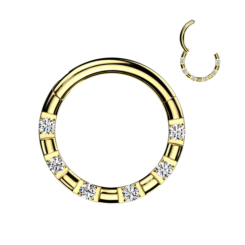 316L Surgical Steel Gold PVD 5 Gem White CZ Hinged Clicker Hoop