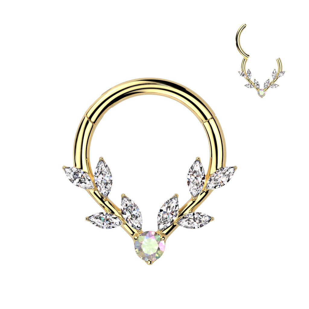 316L Surgical Steel Gold PVD White & Aurora Borealis CZ Vine Hinged V Shaped Clicker Hoop
