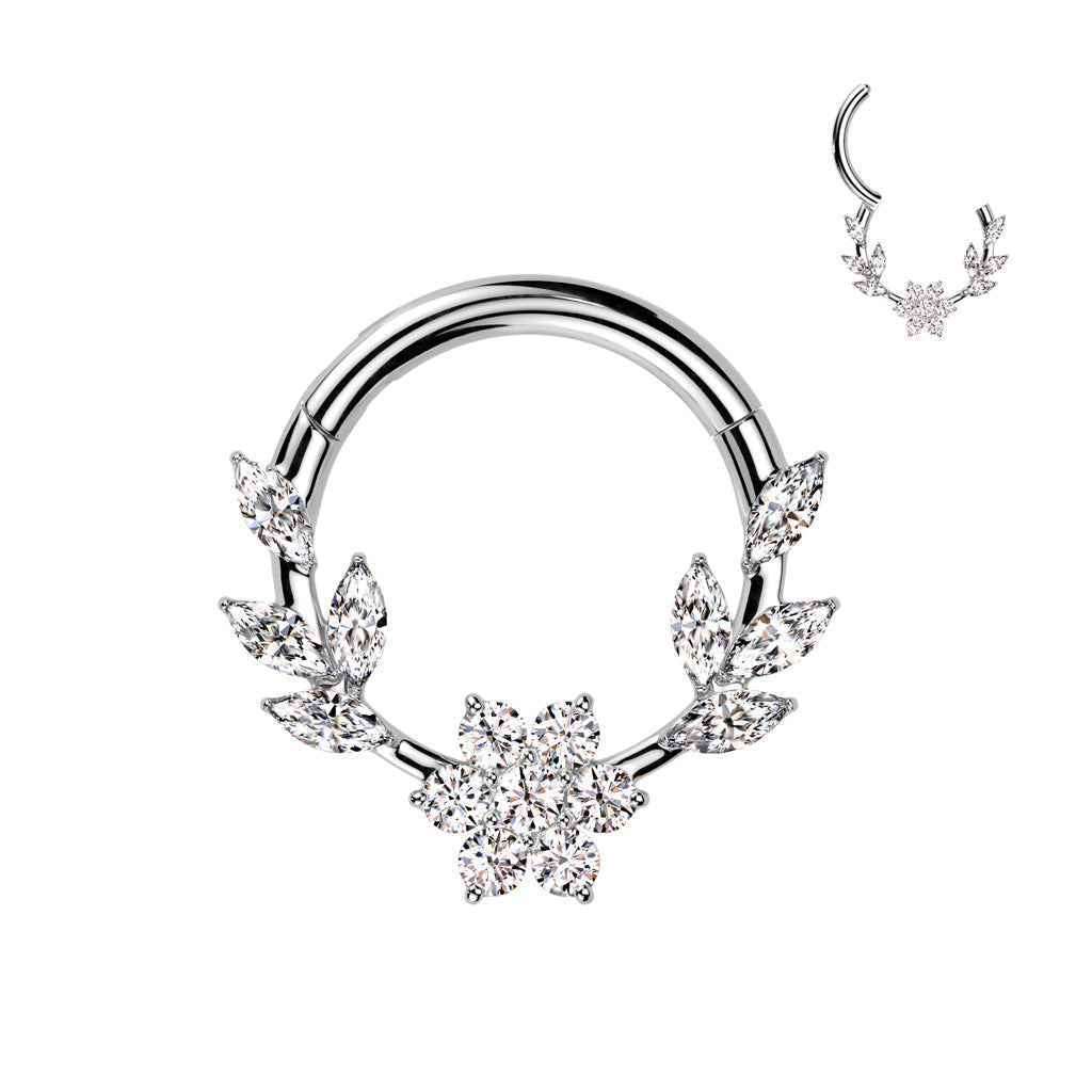316L Surgical Steel White CZ Dainty Vine Flower Hinged Clicker Hoop