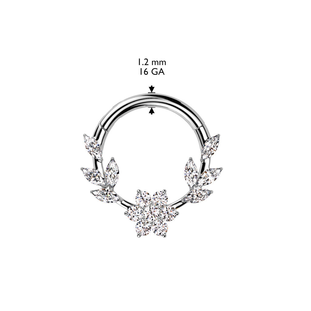 316L Surgical Steel Gold PVD White CZ Dainty Vine Flower Hinged Clicker Hoop