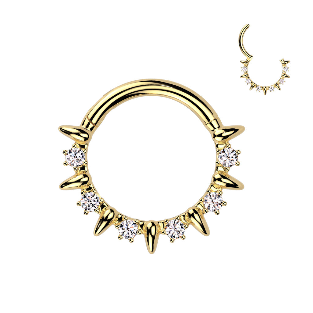 316L Surgical Steel Gold PVD White CZ Clawed Gem With Spike Hinged Clicker Hoop