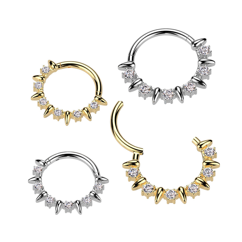 316L Surgical Steel Gold PVD White CZ Clawed Gem With Spike Hinged Clicker Hoop