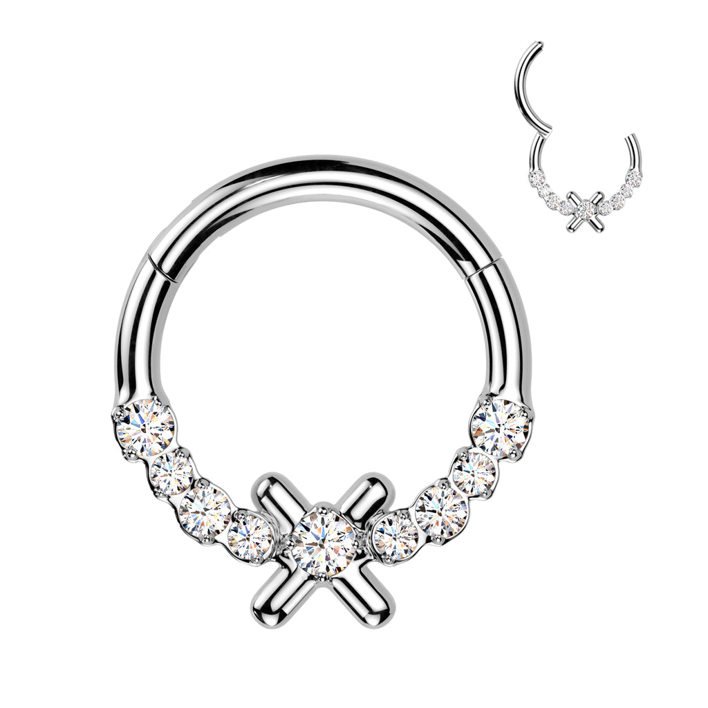 316L Surgical Steel White CZ Dainty X Hinged Clicker Hoop
