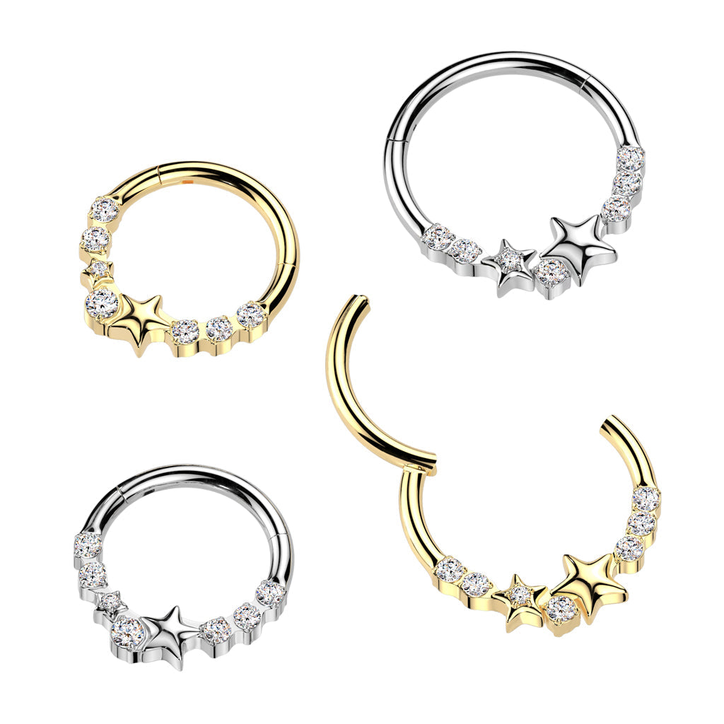 316L Surgical Steel White CZ Dainty Star Hinged Clicker Hoop