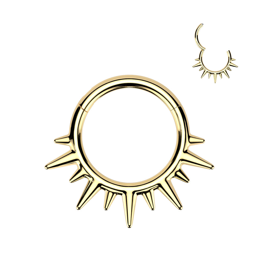 316L Surgical Steel Gold PVD Dainty Wide Flare Spikes Hinged Clicker Hoop