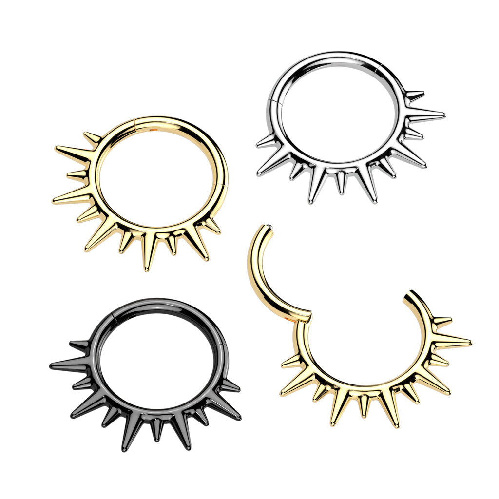 316L Surgical Steel Dainty Wide Flare Spikes Hinged Clicker Hoop