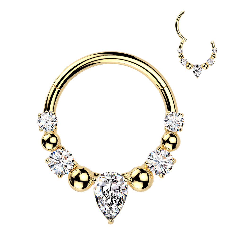 316L Surgical Steel Gold PVD White CZ Gem Teardrop Beaded Side Facing Hinged Clicker Hoop